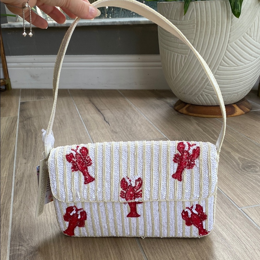 Viral Lobster Embroidered White and Red Handbag